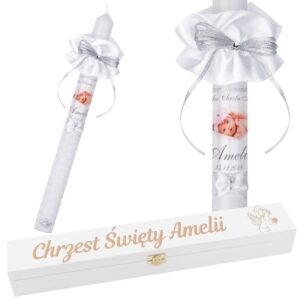 Chrzest lub Komunia: świeca G11 ze zdjęciem i skrzynką z grawerem