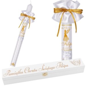 Chrzest lub Komunia: świeca G12 ze zdjęciem i skrzynką z grawerem