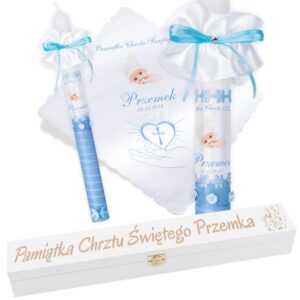 Zestaw do Chrztu: świeca i szatka ze zdjęciem, grawer na wieku
