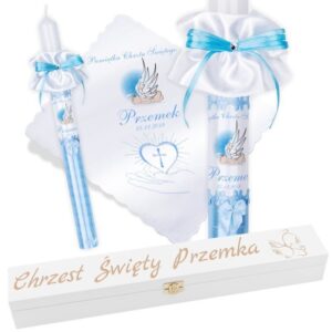 Świeca i szatka na Chrzest ze zdjęciem w pudełku z grawerem G5