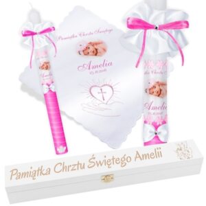 Świeca i szatka na Chrzest różowa ze zdjęciem z grawerem G6