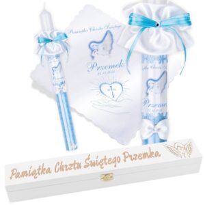 Świeca i szatka na Chrzest niebieska ze zdjęciem i grawerem G7