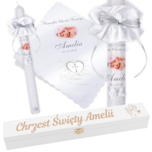 Chrzest: świeca i szatka srebrno-szara ze zdjęciem i grawerem G11