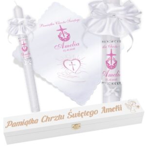 Chrzest lub Komunia: świeca i szatka różowa ze zdjęciem, grawer G14