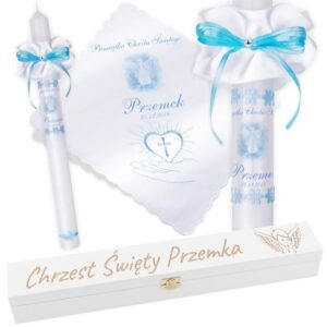 Chrzest lub Komunia: świeca i szatka niebieska ze zdjęciem, grawer G15