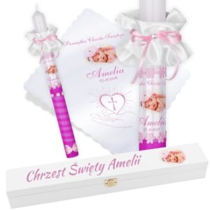 Chrzest/Komunia: świeca i szatka ze zdjęciem Model G1 Personalizacja