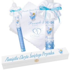 Chrzest/Komunia: świeca ze zdjęciem + szatka niebieska G2