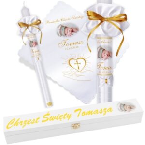 Chrzest/Komunia: świeca ze zdjęciem i szatka w tonacji złotej G3
