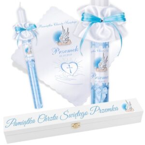 Chrzest: świeca i szatka niebieska ze zdjęciem, Personalizacja G5