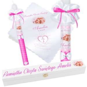 Chrzest/Komunia: świeca i szatka różowa ze zdjęciem, Personalizacja G6