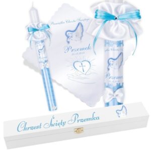 Chrzest/Komunia: świeca i szatka niebieska ze zdjęciem, Personalizacja G7