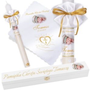 Chrzest/Komunia: świeca i szatka złota ze zdjęciem G8 Personalizacja