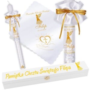 Zestaw na Chrzest: świeca i szatka G12 z personalizacją UV