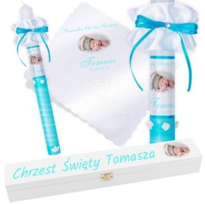 Chrzest/Komunia: świeca i szatka ze zdjęciem biało-błękitna G13