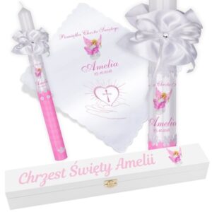 Zestaw na Chrzest: świeca i szatka ze zdjęciem, skrzynka UV G18
