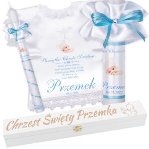 Chrzest: świeca i szatka koszulka niebieska ze zdjęciem, grawer