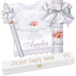 Chrzest: świeca i szatka ze zdjęciem, pudełko z grawerem laserowym