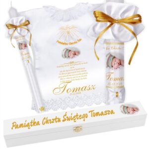 Zestaw do Chrztu: świeca i szatka złota satynowa, nadruk UV