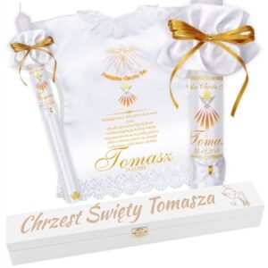 Komplet na Chrzest: świeca i szatka ze zdjęciem, grawer