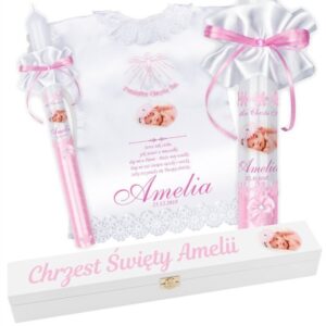 Chrzest: różowa szatka i świeca z nadrukiem UV w pudełku