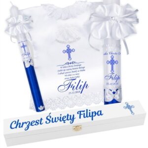 Chrzest: biała świeca i szatka z pudełkiem, nadruk UV, personalizacja