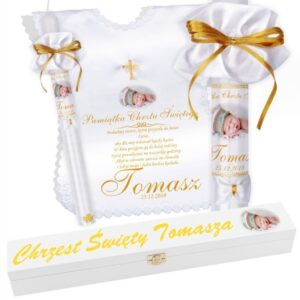 Na Chrzest: świeca i szatka ze złotym krzyżem, nadruk UV personalizacja