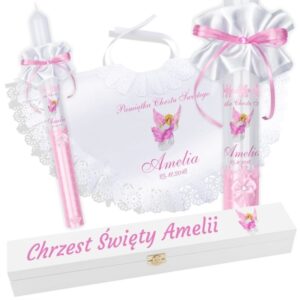 Na Chrzest: pelerynka i świeca ze zdjęciem, nadruk UV, pudełko