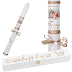 Chrzest Święty: świeca ze zdjęciem w skrzynce z grawerem