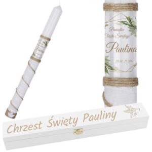 Świeca do Chrztu ze zdjęciem dziecka i skrzynką z grawerem