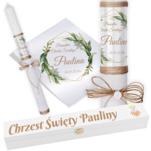 Chrzest: świeca i szatka ze zdjęciem, biała skrzynka UV Personalizacja