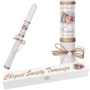 Świeca na Chrzest ze zdjęciem i białą skrzynką UV Personalizacja