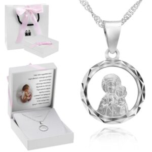 Na Chrzest lub Komunię medalik Częstochowska 925 z dedykacją