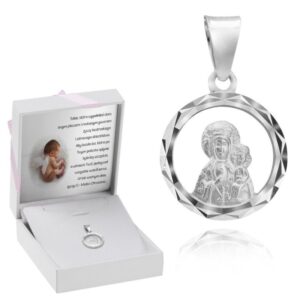 Srebrny medalik Matka Boska Częstochowska na Chrzest z dedykacją