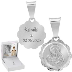 Chrzest lub Komunia: Srebrny medalik Matka Boska z grawerem