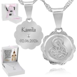 Chrzest/Komunia: Medalik Matka Boska Karmiąca 925 + łańcuszek, grawer