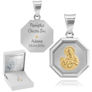 Chrzest/Komunia: Medalik Matka Boska Karmiąca 925 pozłacany z grawerem