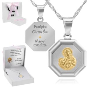 Chrzest/Komunia: Medalik Matka Boska 925 z grawerem, różowa kokardka
