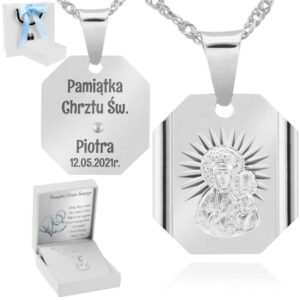 Na Chrzest/Komunię: Medalik Częstochowska 925 z łańcuszkiem i grawerem