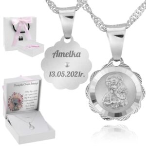 Srebrny medalik 925 Częstochowska z grawerem, różowa kokardka