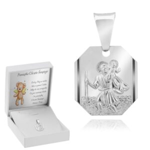 Na Chrzest: medalik 925 Święty Krzysztof z dedykacją Niebieski