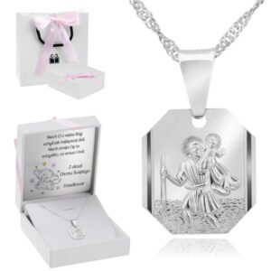 Na Chrzest i Komunię: Medalik Św. Krzysztof 925 z łańcuszkiem, różowy