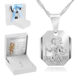 Na Chrzest: Srebrny medalik Św. Krzysztof 925 z dedykacją, niebieski