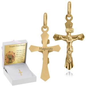 Na Chrzest Św. złoty krzyżyk 585 z grawerem i dedykacją Róż