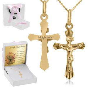 Na Chrzest: Złoty krzyżyk 585 z grawerem i łańcuszkiem ankier