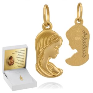 Złoty medalik Matka Boska pr. 585 z grawerem i tabliczką