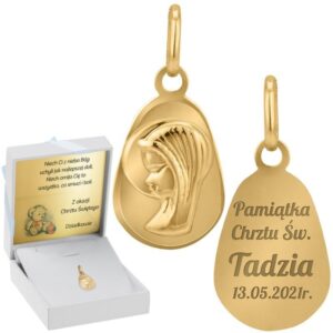 Na Chrzest: złoty medalik łezka z Matką Boską 585 z grawerem