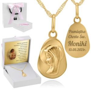 Na Chrzest: złoty medalik Matka Boska 585 z łańcuszkiem, grawer
