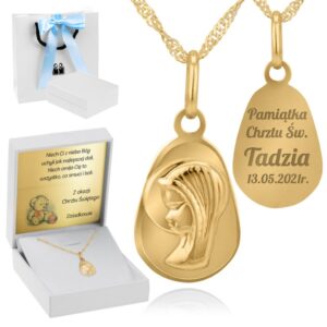 Na Chrzest: złoty medalik Matka Boska 585 z grawerem i łańcuszkiem