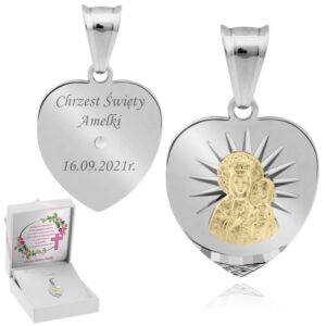 Medalik na Chrzest serce Częstochowska 925 z grawerem w pudełku