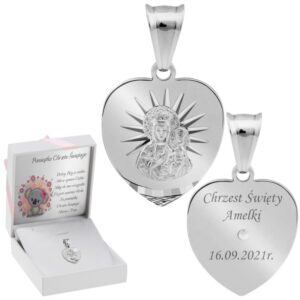 Medalik serce 925 Częstochowska na Komunię z grawerem i dedykacją